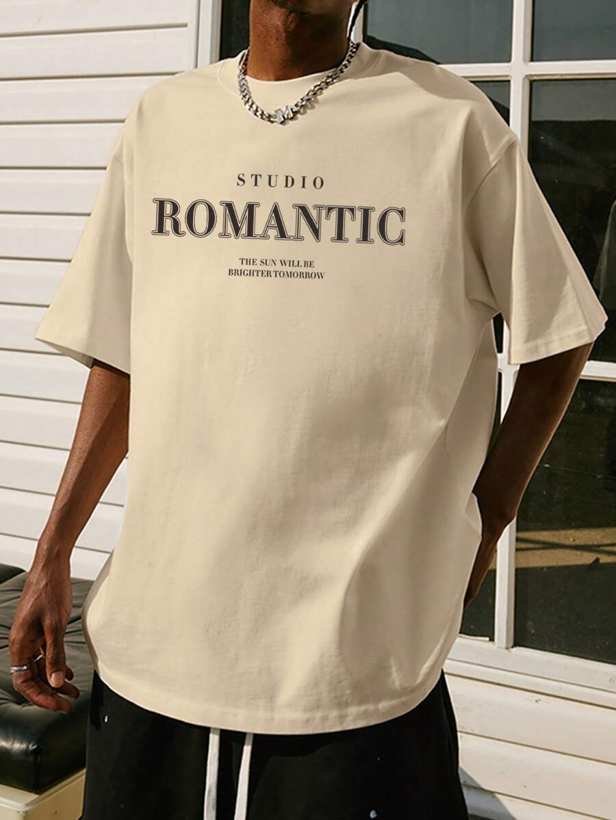 男士字母圖案落肩T恤 - 杏色 - 查看 1