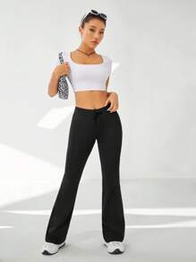 SHEIN EZwear 素色前蝴蝶結喇叭褲 - 黑色 - 查看 5