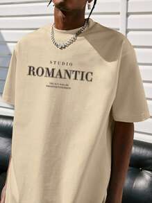 男士字母圖案落肩T恤 - 杏色 - 查看 4