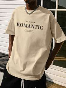 男士字母圖案落肩T恤 - 杏色 - 查看 5