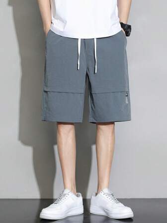 Hombres Shorts con diseño de parche de letra de cintura con cordón