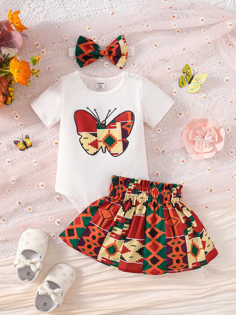 女嬰蝴蝶圖案連體衣和紙袋腰半身裙和頭巾 - 彩色 - 查看 1