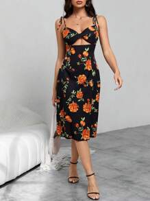 Aveloria Floral Print Cut Out Front Cami Dress - Black - View 4