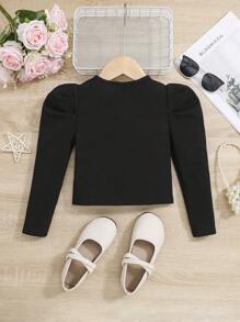 SHEIN Serisse Kids 年轻女孩纯色合身休闲串珠羊腿袖短夹克 - 黑色 - 查看 5