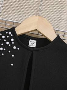 SHEIN Serisse Kids 年轻女孩纯色合身休闲串珠羊腿袖短夹克 - 黑色 - 查看 4