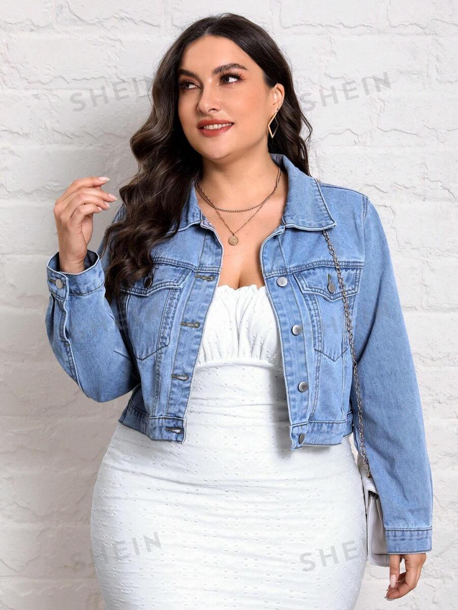 EMERY ROSE Plus jachetă din denim cu buzunar cu clapă - Spălare ușoară - Vizualizare 1