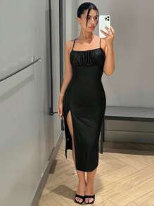 SHEIN ICON 胸部褶皺高衩吊帶連衣裙 - 黑色 - 查看 6