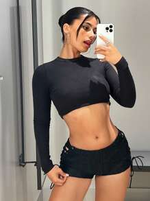 SHEIN ICON Lace Up Side Black Shorts - Black - View 5