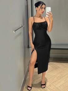 SHEIN ICON 胸部褶皺高衩吊帶連衣裙 - 黑色 - 查看 7