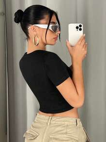 SHEIN ICON Star Pattern Contrast Fishnet Crop Tee - Black - View 4