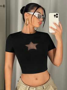 SHEIN ICON Star Pattern Contrast Fishnet Crop Tee - Black - View 5