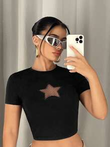 SHEIN ICON Star Pattern Contrast Fishnet Crop Tee - Black - View 6