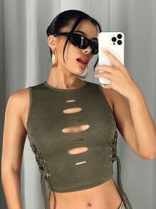 SHEIN ICON Cut Out Lace Up Side Crop Tank Top - Army Green - View 1