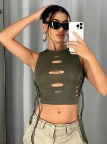 SHEIN ICON Cut Out Lace Up Side Crop Tank Top - Army Green - View 5