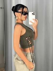 SHEIN ICON Cut Out Lace Up Side Crop Tank Top - Army Green - View 6