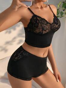 蕾絲拼接內衣套裝 - 黑色 - 查看 4
