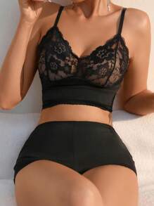 蕾絲拼接內衣套裝 - 黑色 - 查看 6