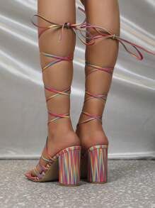 女士撞色粗跟綁帶涼鞋,前衛夏天涼鞋 - 彩色 - 查看 2