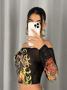 SHEIN ICON Chinese Dragon & Letter Graphic Off Shoulder Crop Mesh Top - Multicolor - View 6