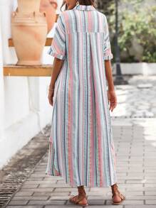 SHEIN VCAY Vestido camisero con estampado de rayas con botón delantero sin cinturón