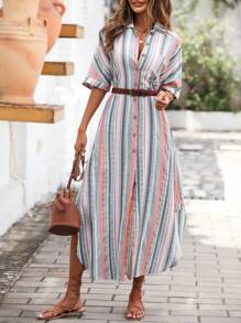 SHEIN VCAY Vestido camisero con estampado de rayas con botón delantero sin cinturón