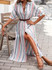 SHEIN VCAY Vestido camisero con estampado de rayas con botón delantero sin cinturón