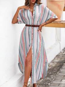 SHEIN VCAY Vestido camisero con estampado de rayas con botón delantero sin cinturón