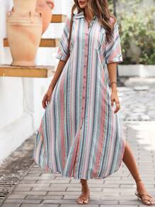 SHEIN VCAY Vestido camisero con estampado de rayas con botón delantero sin cinturón