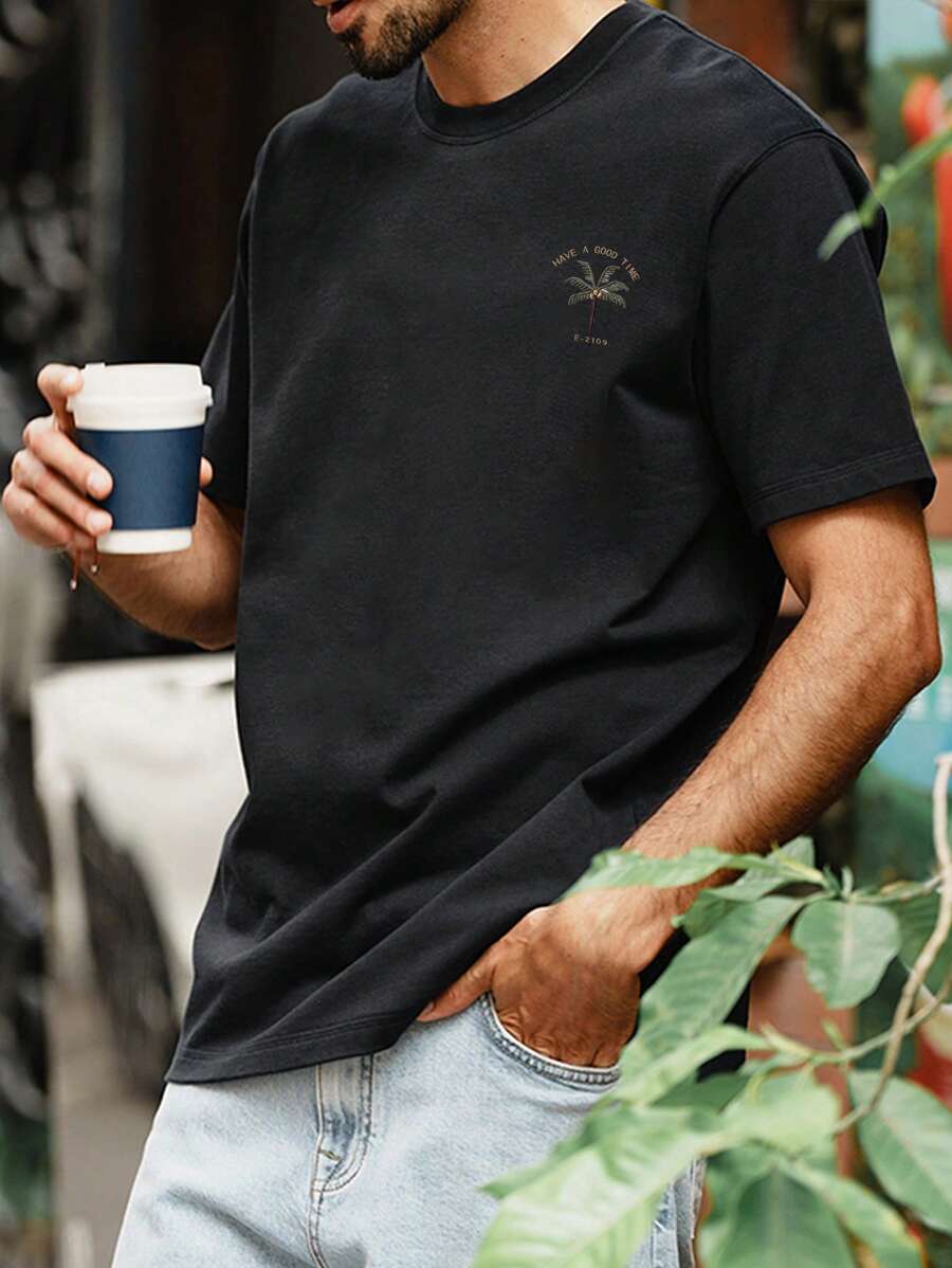 Men Tropical Print Tee - Black - View 1