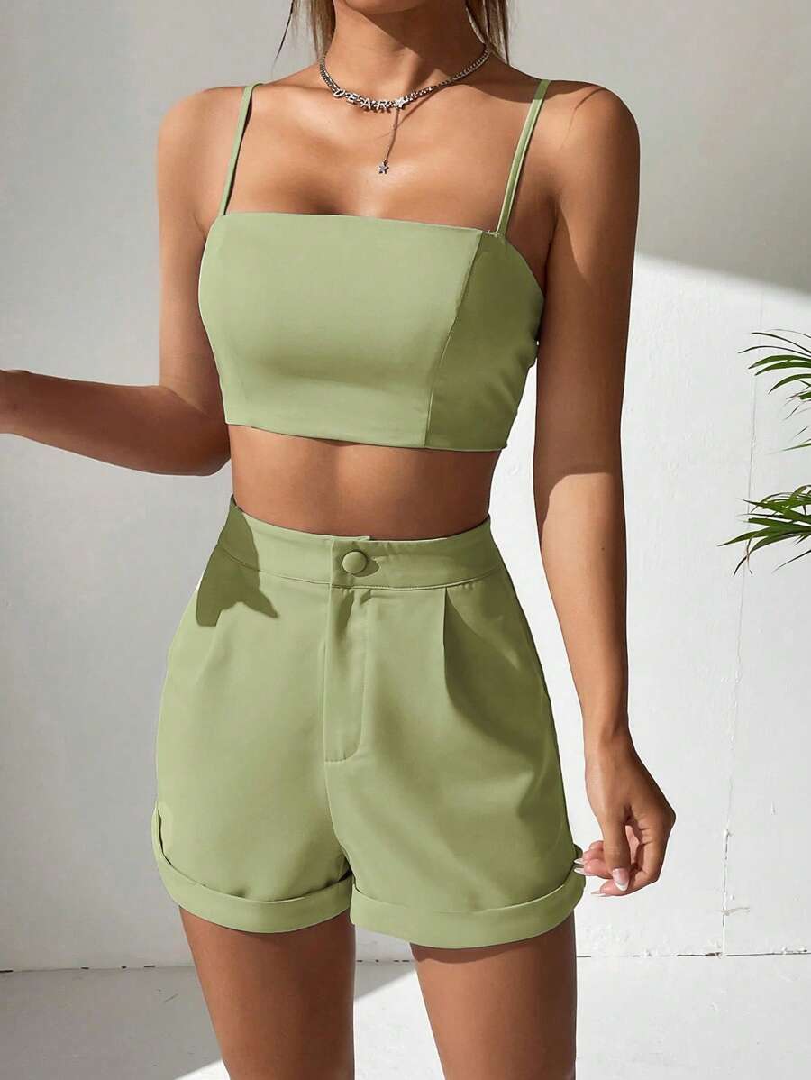 SHEIN EZwear 素色吊帶上衣和卷邊短褲 - 薄荷綠 - 查看 1