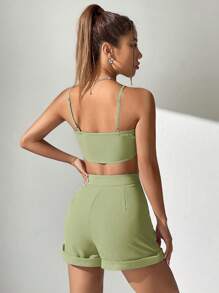 SHEIN EZwear 素色吊帶上衣和卷邊短褲 - 薄荷綠 - 查看 2