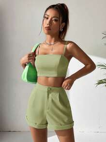 SHEIN EZwear 素色吊帶上衣和卷邊短褲 - 薄荷綠 - 查看 3