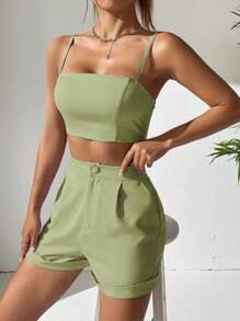 SHEIN EZwear 素色吊帶上衣和卷邊短褲 - 薄荷綠 - 查看 5