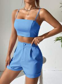 SHEIN EZwear Solid Crop Cami Top & Roll Up Hem Shorts - Blue - View 5