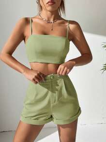 SHEIN EZwear 素色吊帶上衣和卷邊短褲 - 薄荷綠 - 查看 6