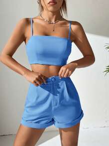 SHEIN EZwear Solid Crop Cami Top & Roll Up Hem Shorts - Blue - View 6