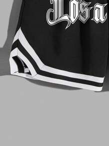 Manfinity Campus Court 宽松男士字母印花撞色饰边抽绳腰短裤 - 黑色 - 查看 5