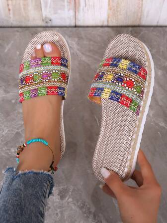 Women Rhinestone Decor Espadrille Wedge Slide Sandals, Vacation Summer Sandals