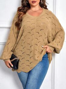 SHEIN Clasi Plus Pointelle Knit Batwing Sleeve Sweater - Khaki - View 1