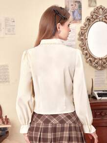 ROMWE Kawaii Ruffle Trim Bishop Sleeve Shirt - Apricot - View 2