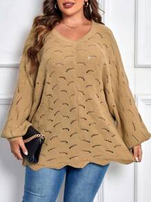 SHEIN Clasi Plus Pointelle Knit Batwing Sleeve Sweater - Khaki - View 3