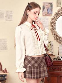 ROMWE Kawaii Ruffle Trim Bishop Sleeve Shirt - Apricot - View 3