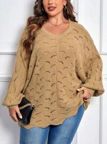 SHEIN Clasi Plus Pointelle Knit Batwing Sleeve Sweater - Khaki - View 4