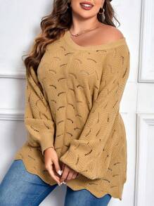 SHEIN Clasi Plus Pointelle Knit Batwing Sleeve Sweater - Khaki - View 6