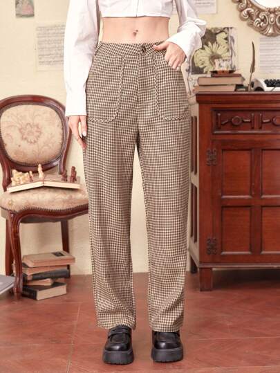 Plaid Print Slant Pocket Pants