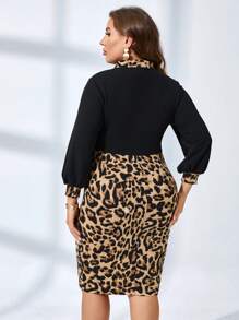 SHEIN Clasi Plus Leopard Print Notched Neckline Lantern Sleeve Dress - Multicolor - View 2