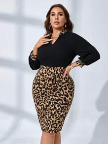 SHEIN Clasi Plus Leopard Print Notched Neckline Lantern Sleeve Dress - Multicolor - View 5