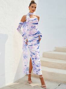 紮染單肩側垂褶邊緊身連衣裙帶袖子 - 紫色 - 查看 1