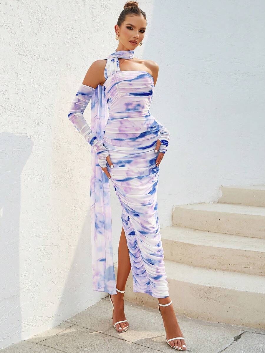 紮染單肩側垂褶邊緊身連衣裙帶袖子 - 紫色 - 查看 1