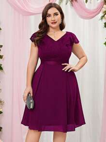 MIUSOL Talla grande Vestido con encaje en contraste de gasa de manga con volante de cuello V cóctel - Granate - Ver 1